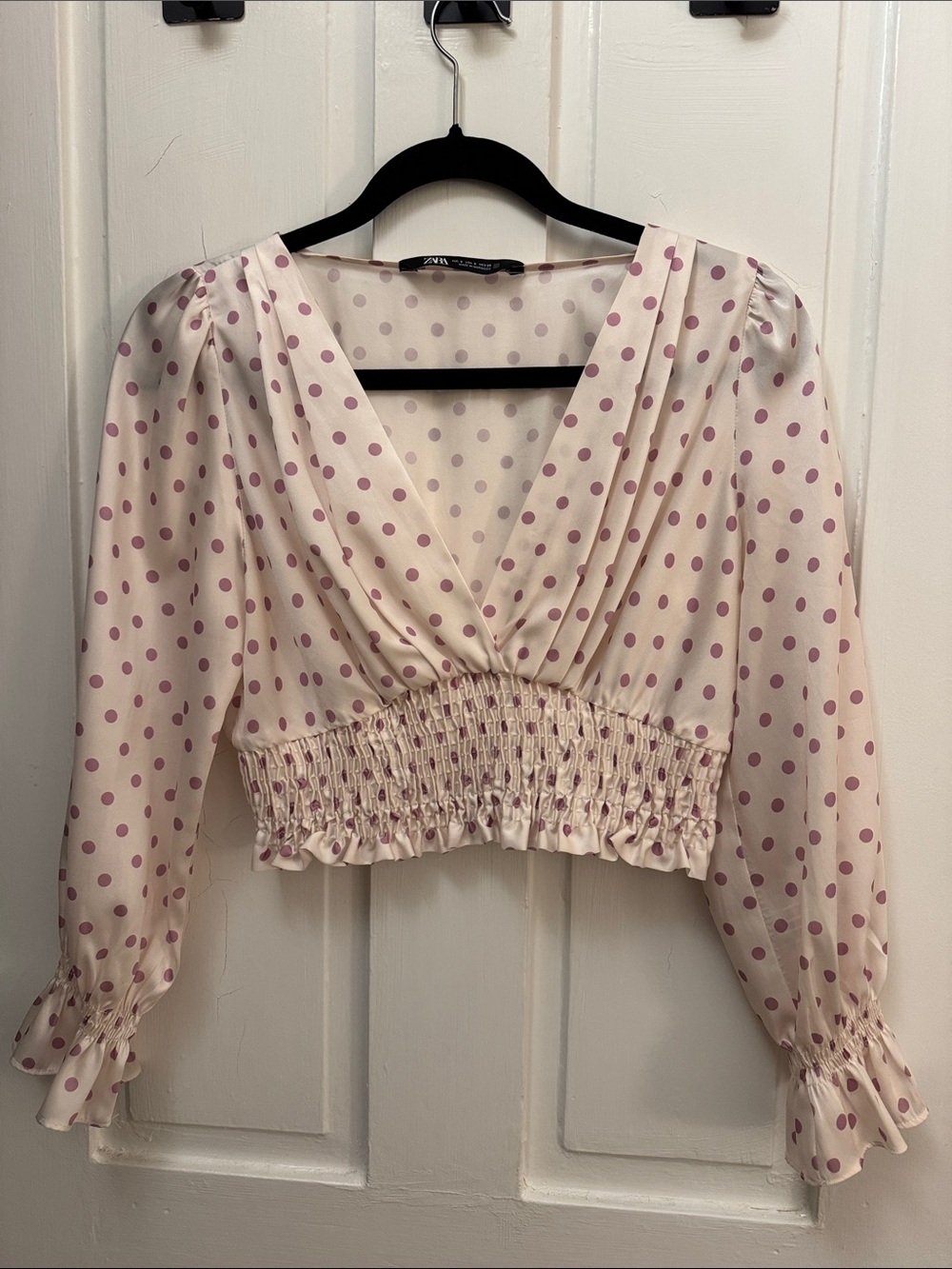 Zara Pink Polka Dot Smocked Waist V-Neck Blouse